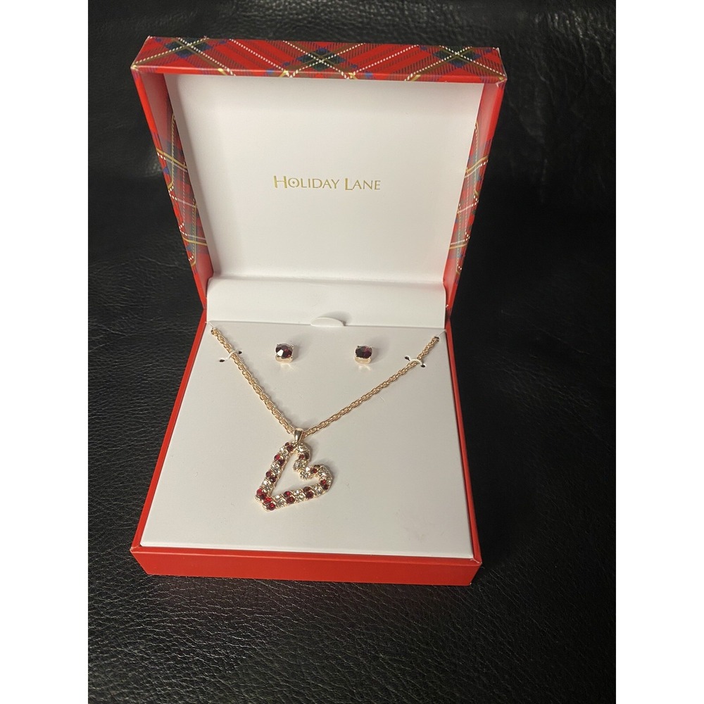 Candy cane Heart Pendant Gold Tone necklace Red Crystal earrings set New Macy's